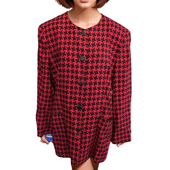 80s 90s Vintage Black and Red Star Suit Jacket by Jacqueline Ferrer Size 14 - Picture 1 of 7